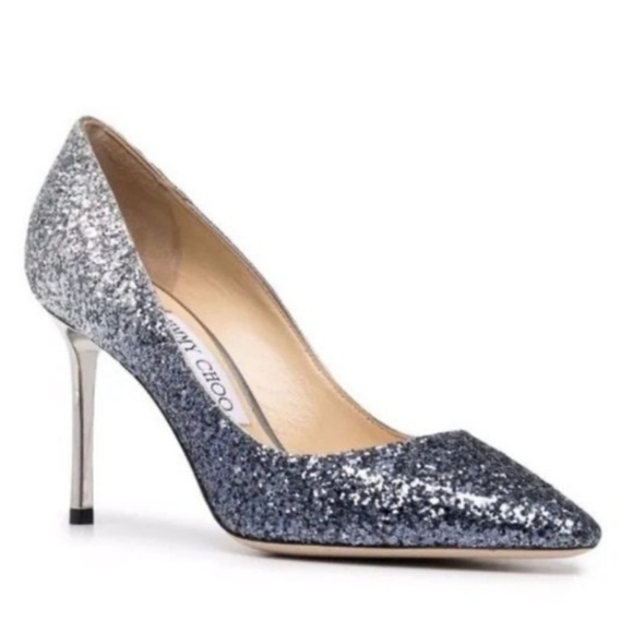 Jimmy Choo: Romy 100, Navy/Silver Coarse Glitter Pointy Toe Pumps - Picture 1 of 7
